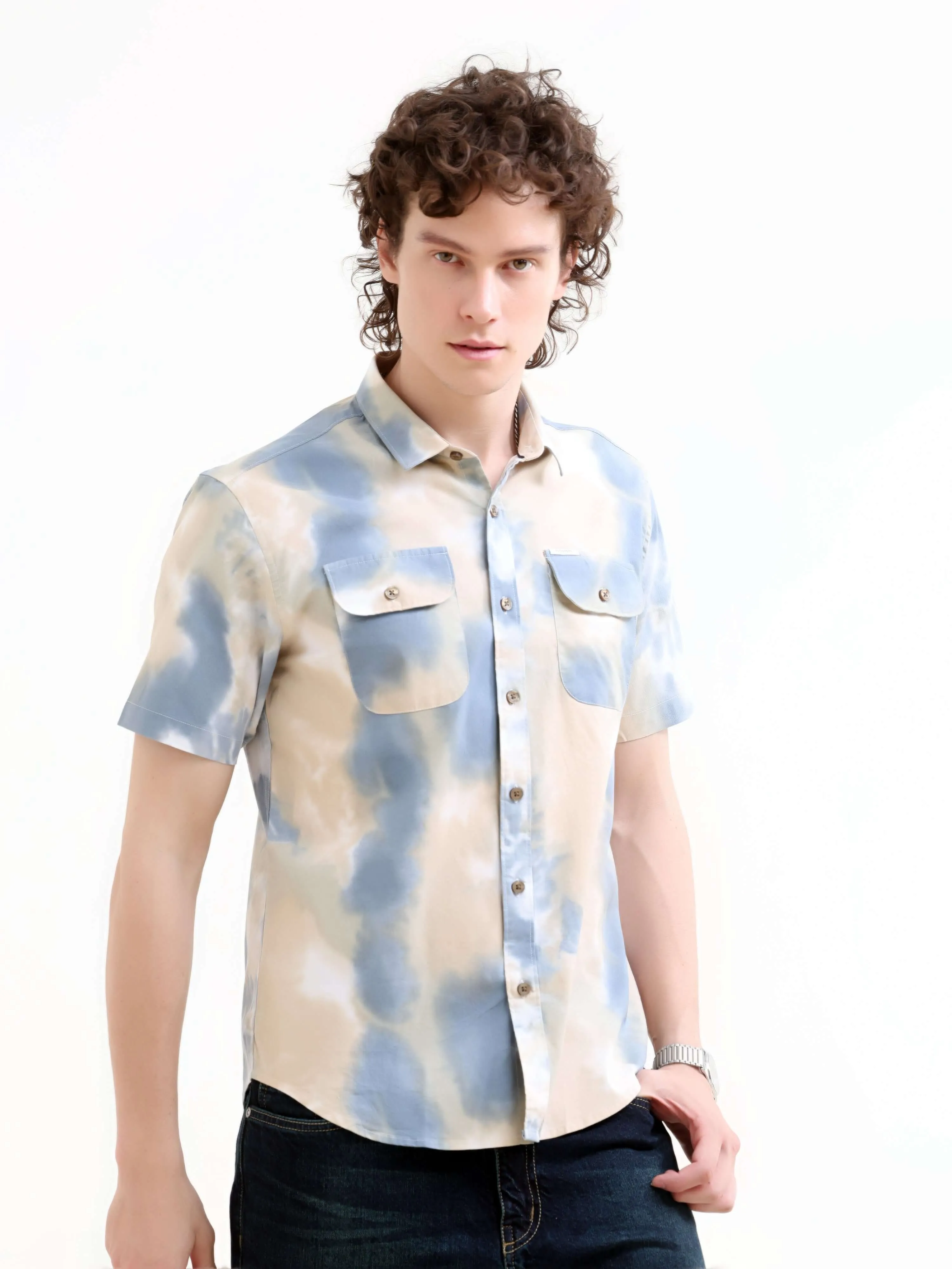 Plushy pastel blue water colour printed shirt