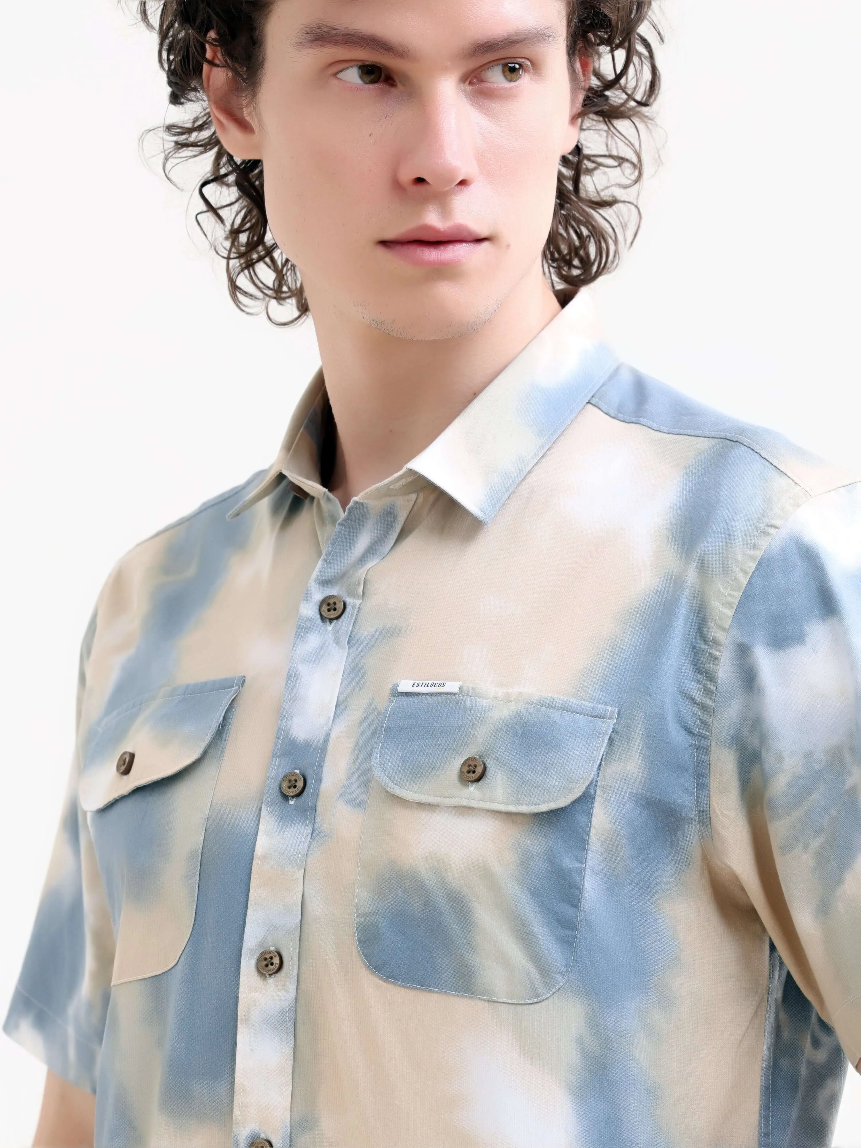 Plushy pastel blue water colour printed shirt