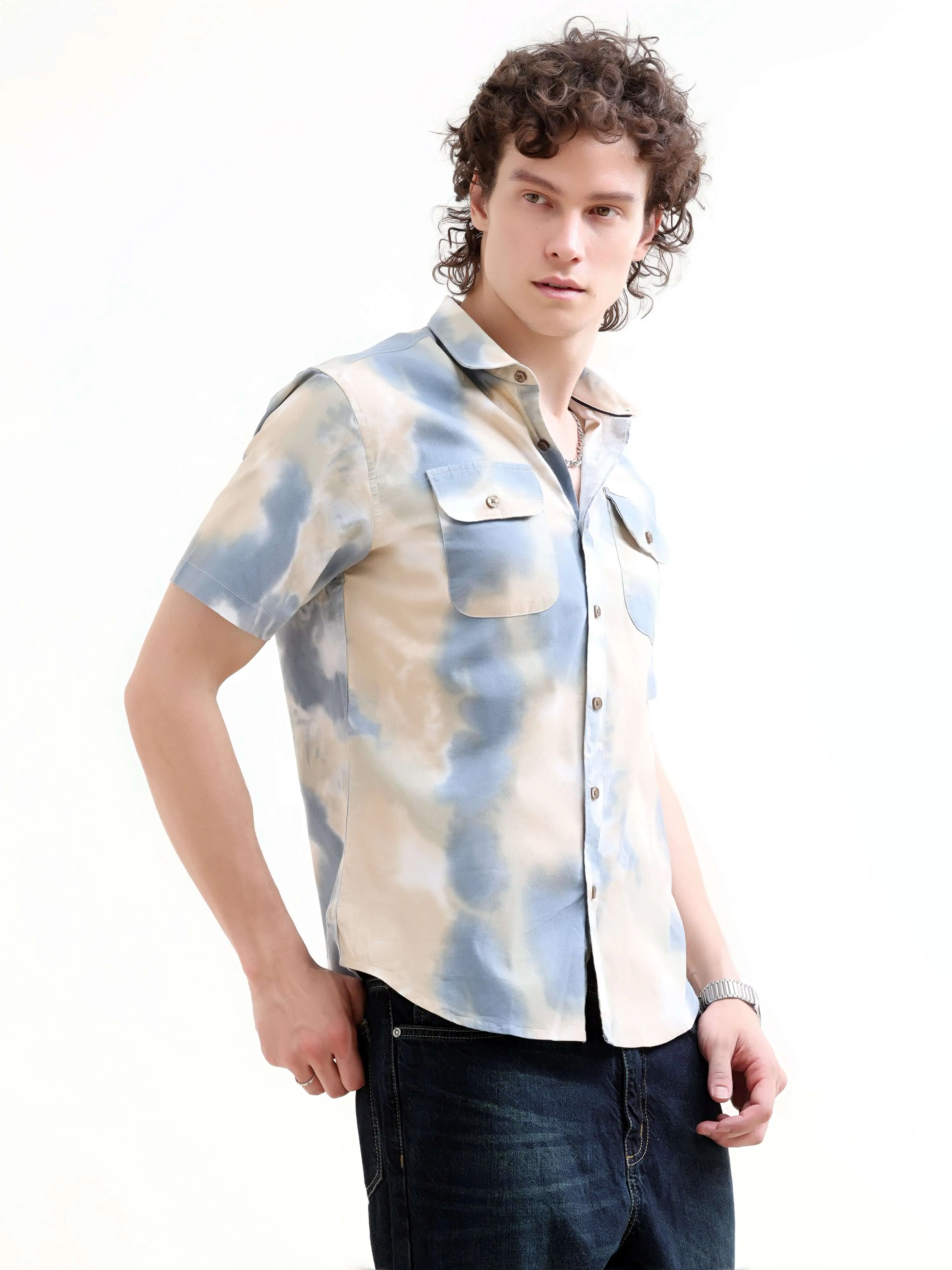 Plushy pastel blue water colour printed shirt