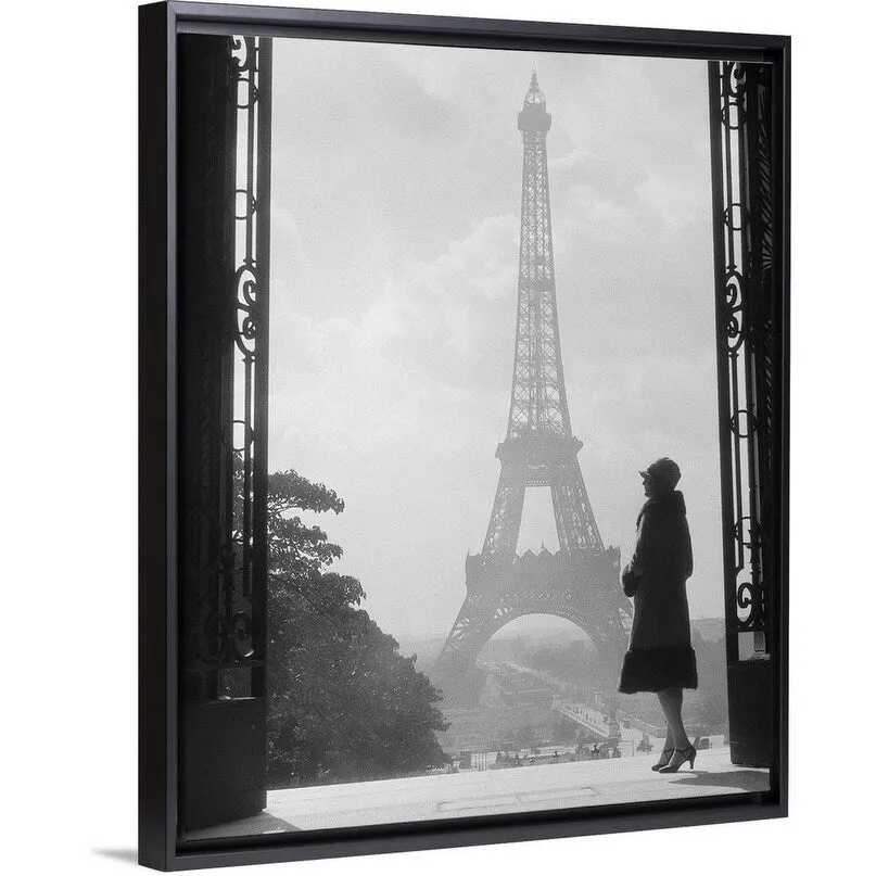 "1920's Anonymous Silhouetted Woman Standing Across From The Eiffel Tower Pari" Black Float Frame Canvas Art