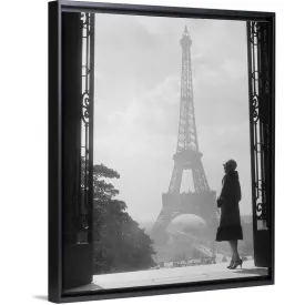 "1920's Anonymous Silhouetted Woman Standing Across From The Eiffel Tower Pari" Black Float Frame Canvas Art