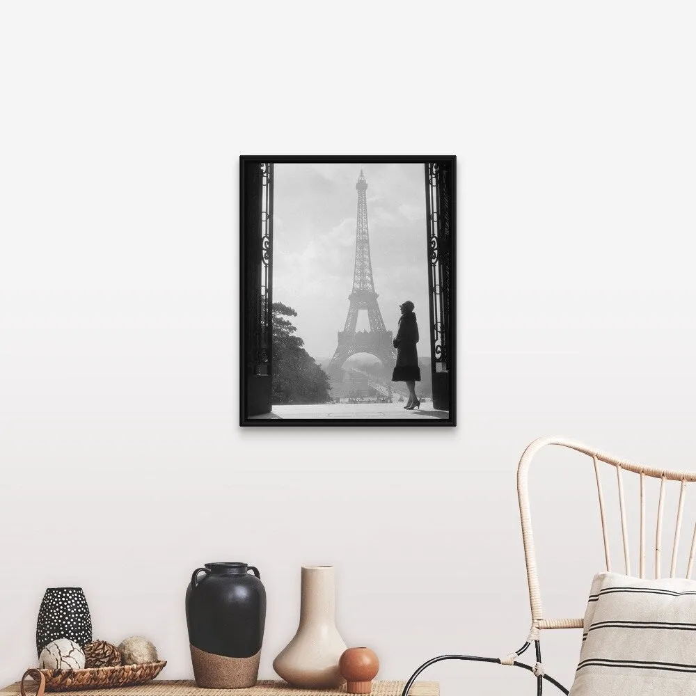 "1920's Anonymous Silhouetted Woman Standing Across From The Eiffel Tower Pari" Black Float Frame Canvas Art