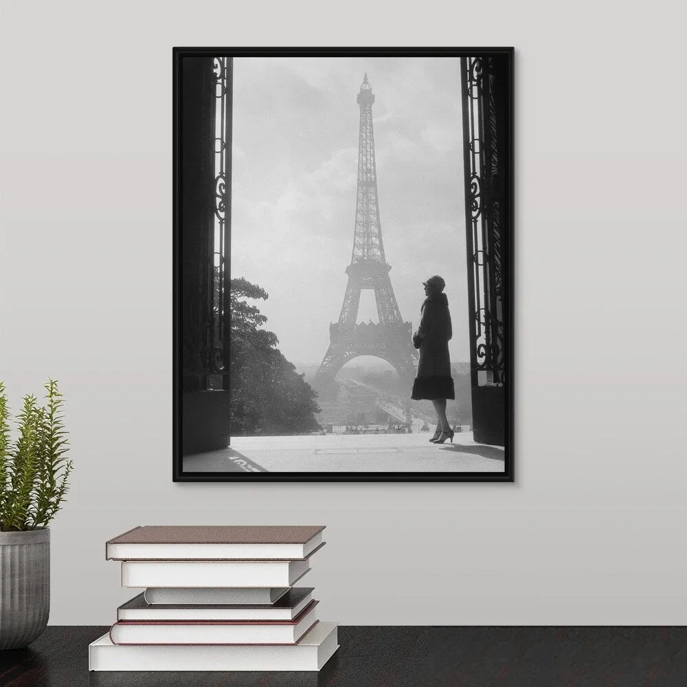 "1920's Anonymous Silhouetted Woman Standing Across From The Eiffel Tower Pari" Black Float Frame Canvas Art