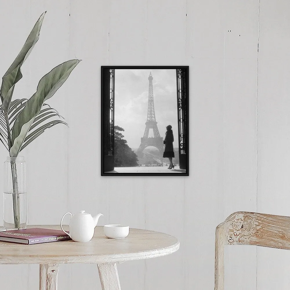 "1920's Anonymous Silhouetted Woman Standing Across From The Eiffel Tower Pari" Black Float Frame Canvas Art