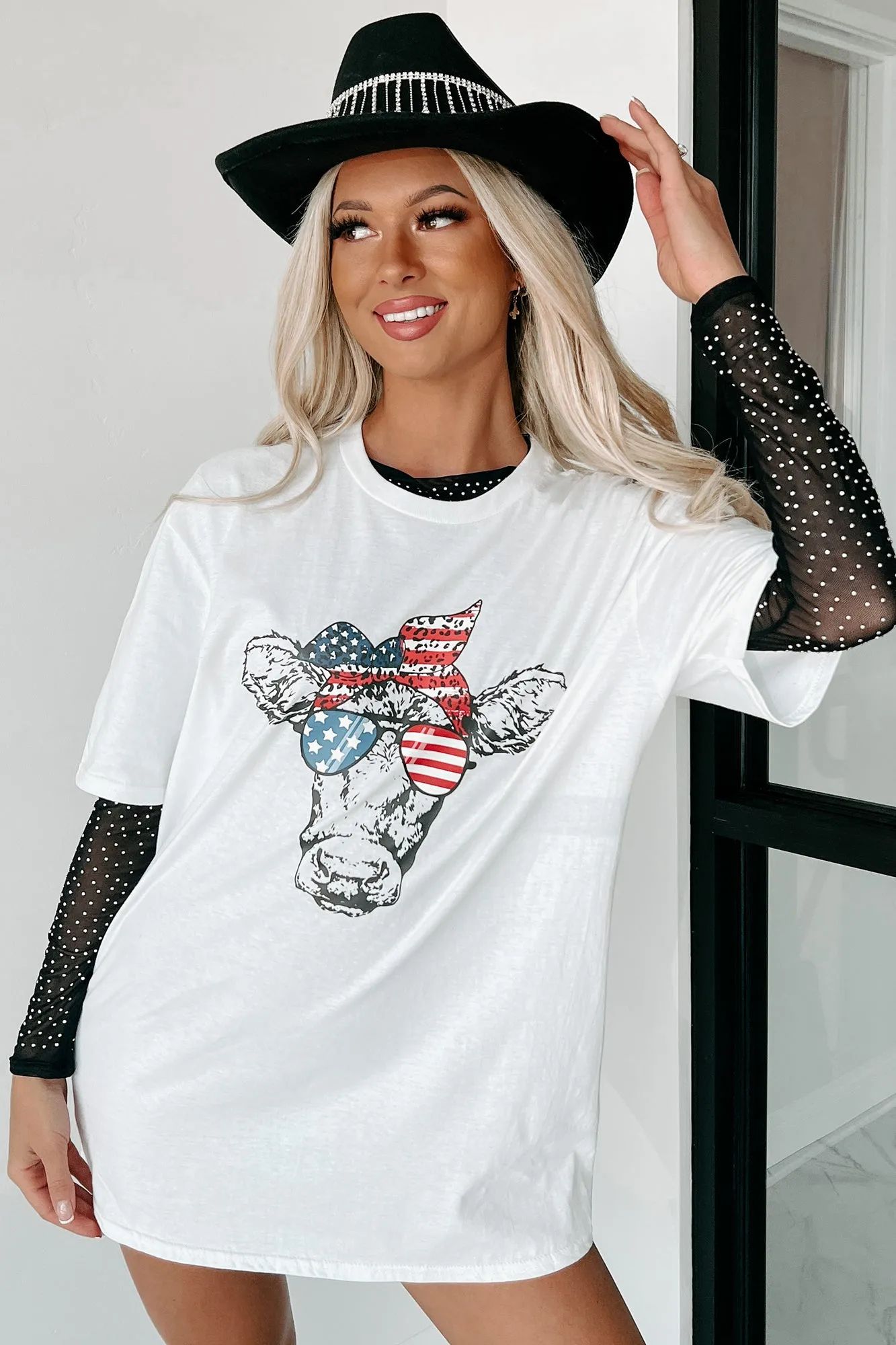 "A-Moo-Rica" Cow Graphic T-Shirt (White) - Print On Demand