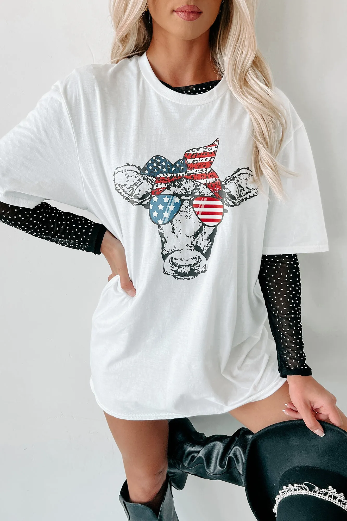 "A-Moo-Rica" Cow Graphic T-Shirt (White) - Print On Demand