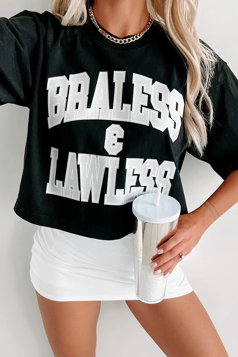 "Braless & Lawless" Oversized Crop Tee With Metallic Graphic (Black) - Print On Demand