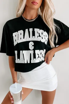 "Braless & Lawless" Oversized Crop Tee With Metallic Graphic (Black) - Print On Demand