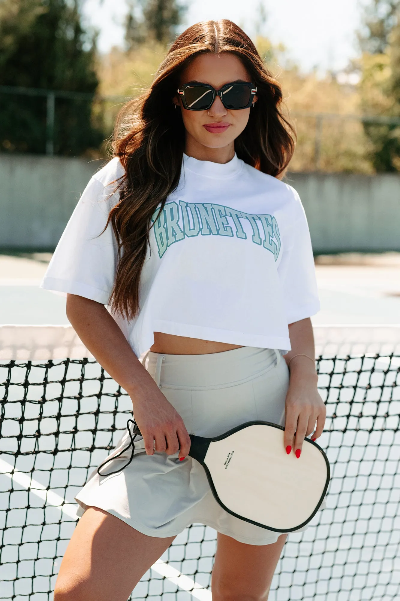 "Brunettes" Oversized Graphic Crop Tee (White/Blue) - Print On Demand