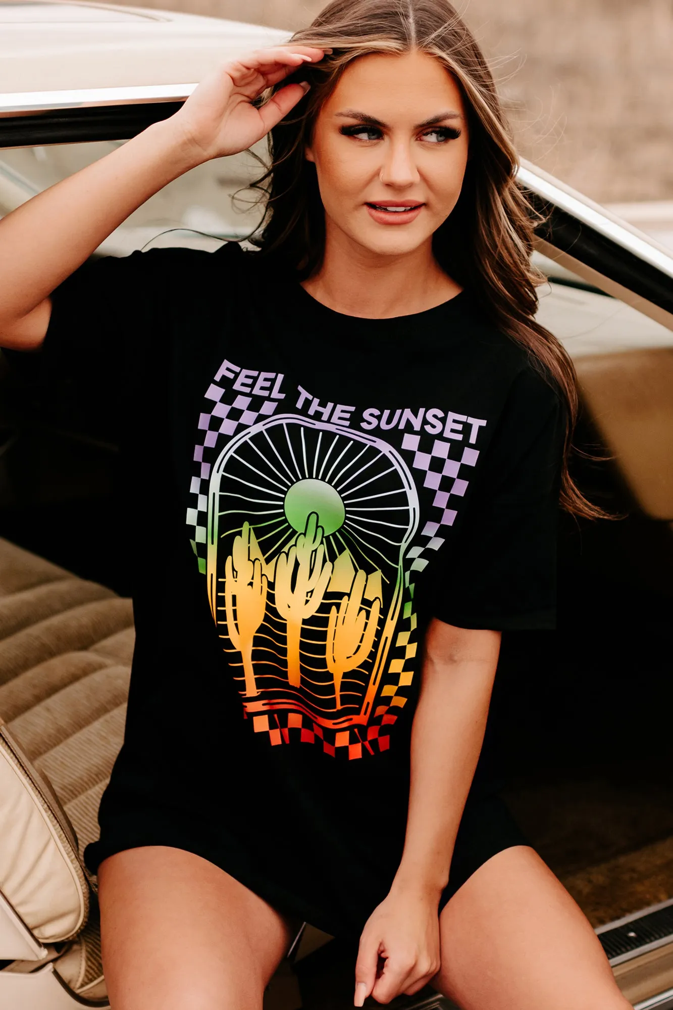 "Feel The Sunset" Oversized Graphic T-Shirt Dress (Black) - Print On Demand