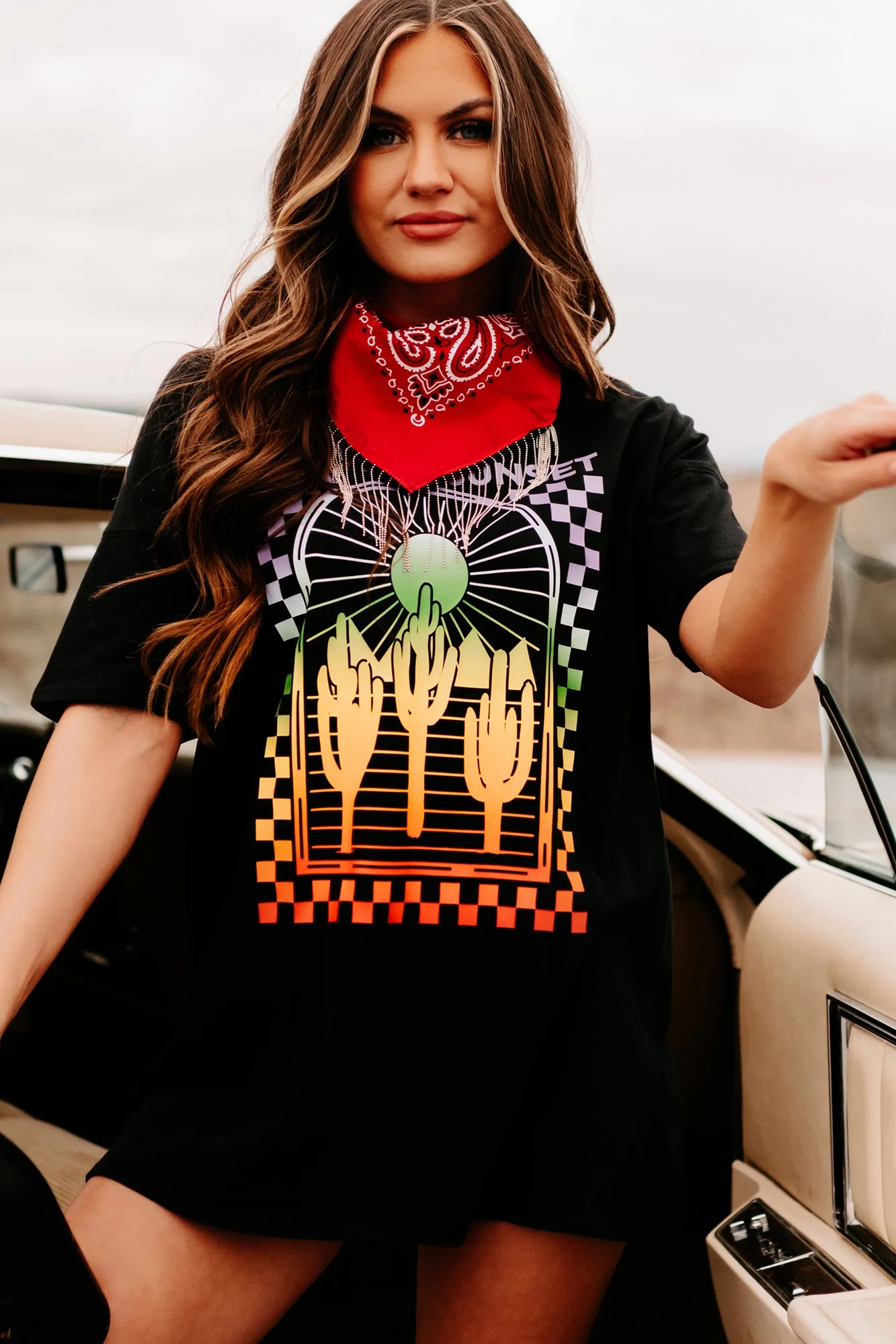 "Feel The Sunset" Oversized Graphic T-Shirt Dress (Black) - Print On Demand