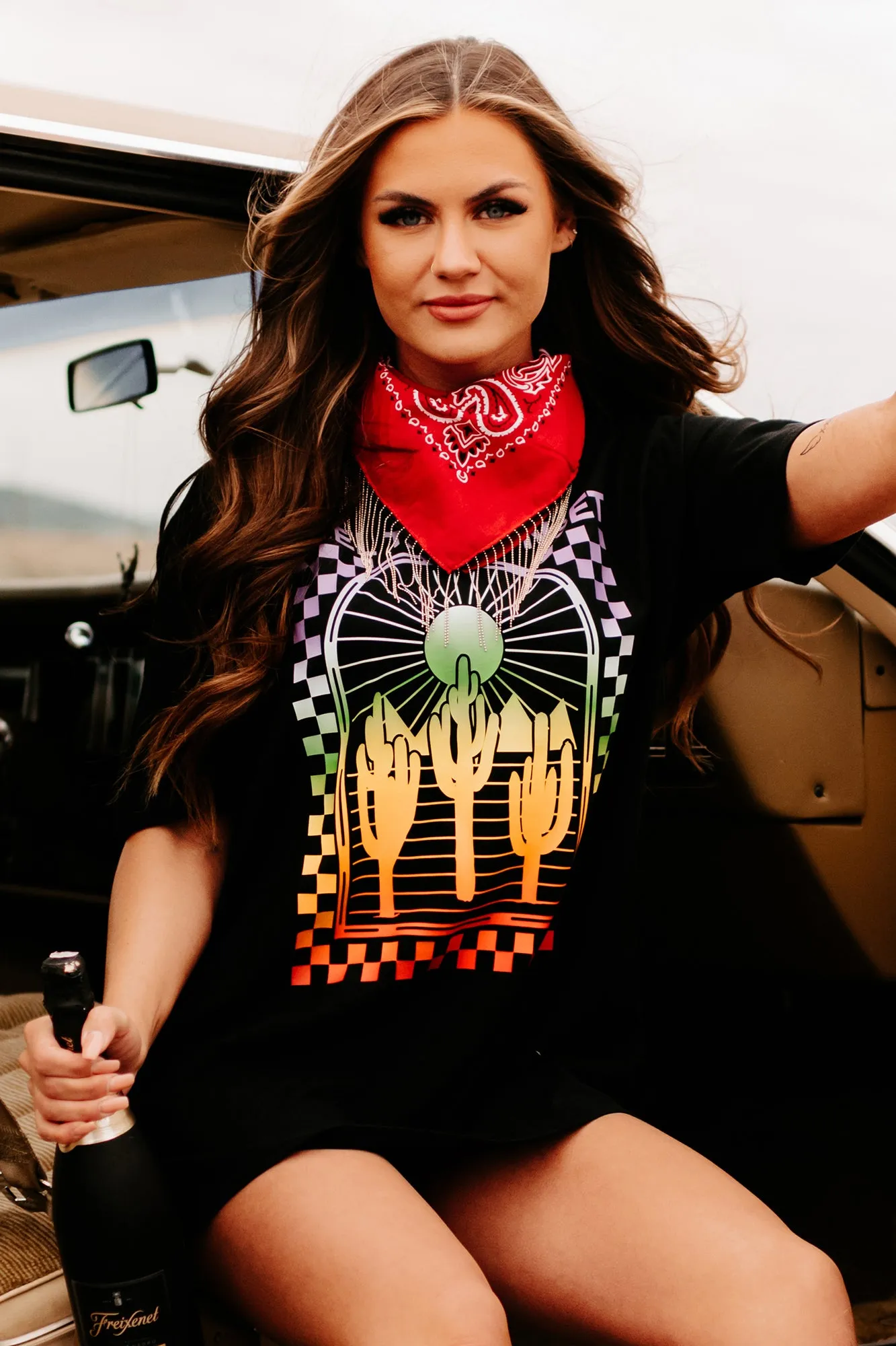 "Feel The Sunset" Oversized Graphic T-Shirt Dress (Black) - Print On Demand
