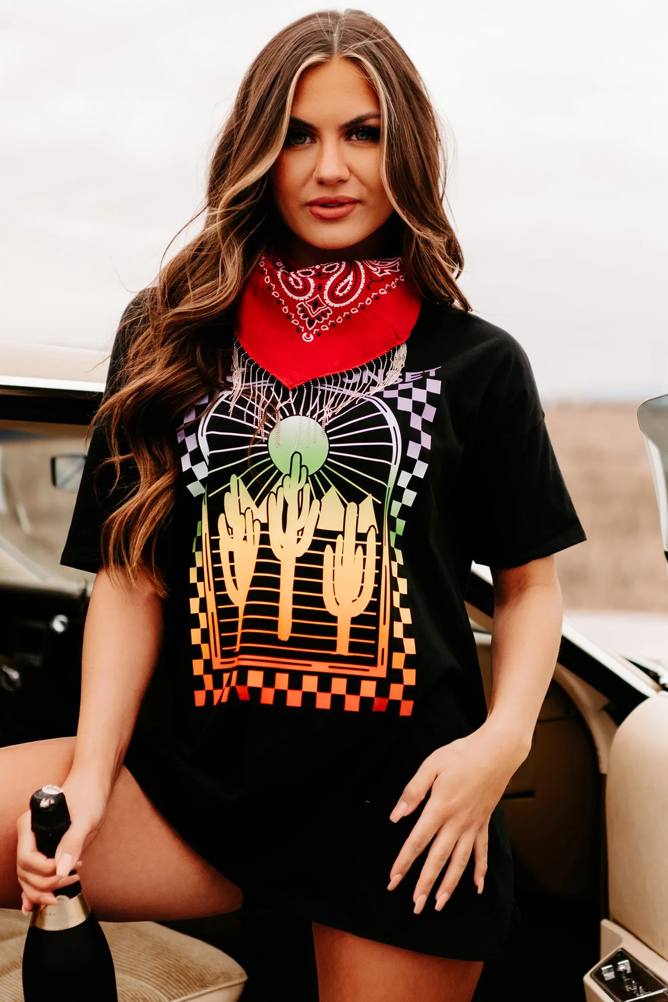 "Feel The Sunset" Oversized Graphic T-Shirt Dress (Black) - Print On Demand