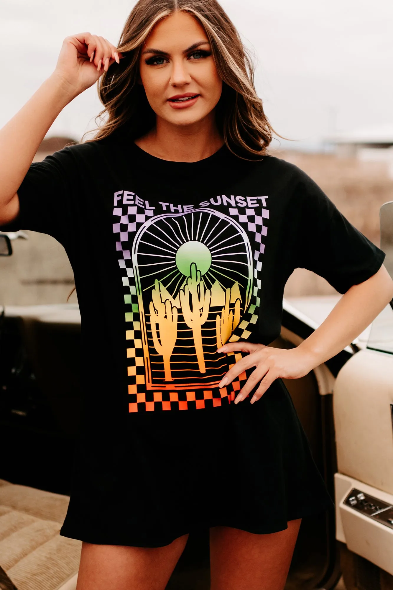 "Feel The Sunset" Oversized Graphic T-Shirt Dress (Black) - Print On Demand