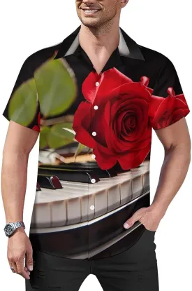 Red Rose on Piano Print Cuban Collar Shirt Classic Design for Comfort and Style