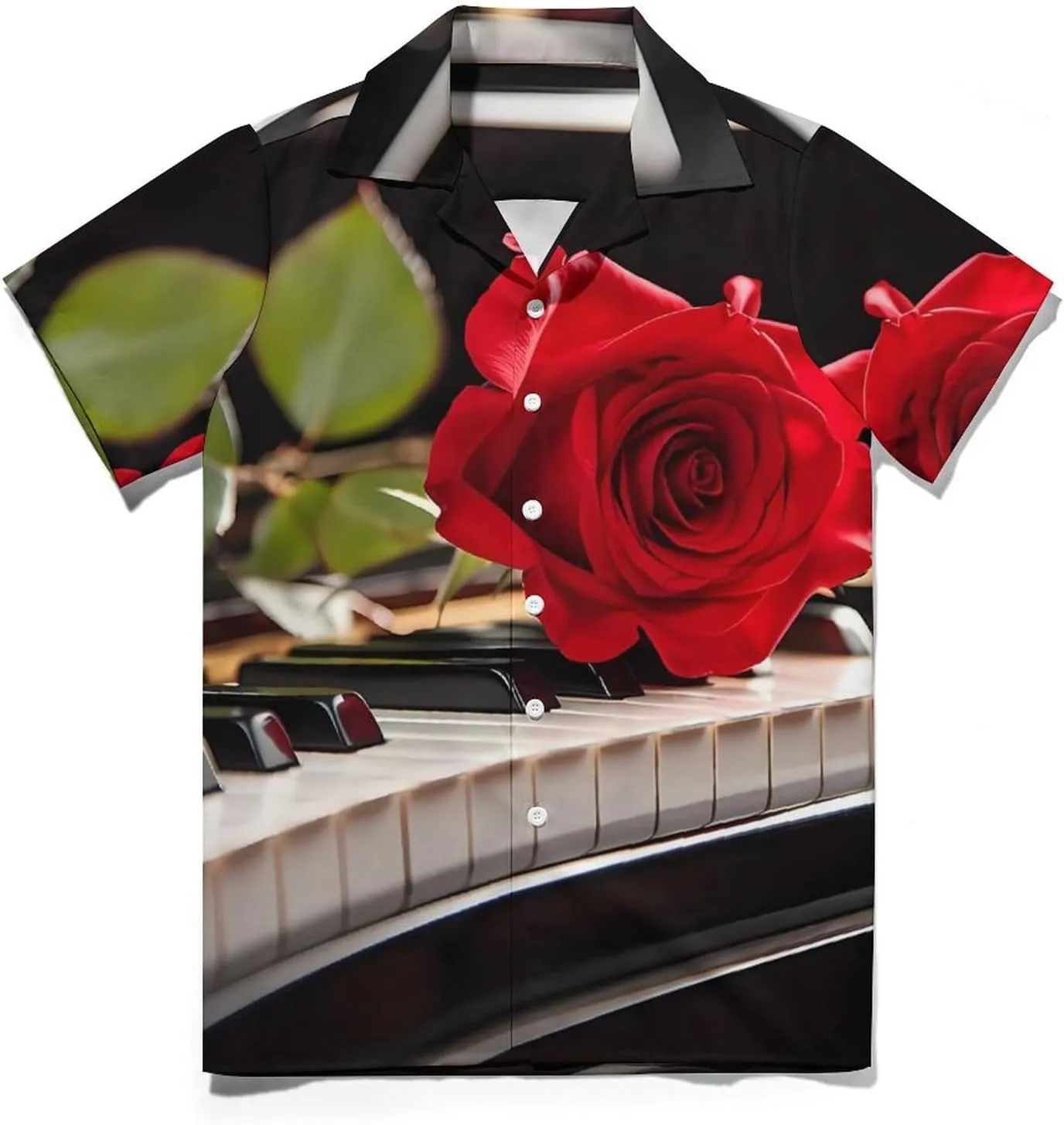 Red Rose on Piano Print Cuban Collar Shirt Classic Design for Comfort and Style