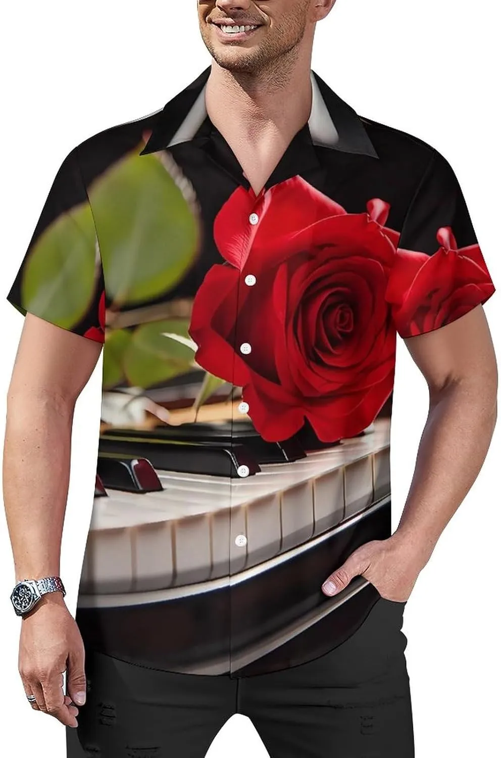 Red Rose on Piano Print Cuban Collar Shirt Classic Design for Comfort and Style