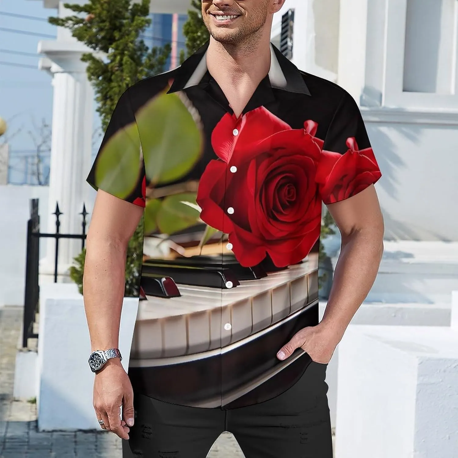 Red Rose on Piano Print Cuban Collar Shirt Classic Design for Comfort and Style