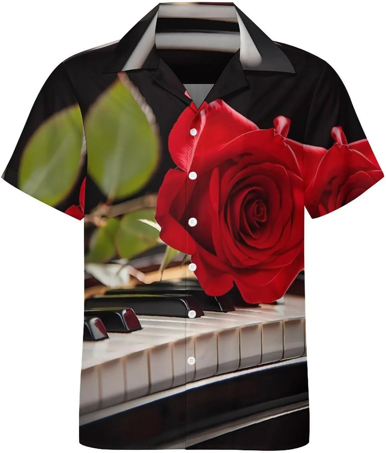 Red Rose on Piano Print Cuban Collar Shirt Classic Design for Comfort and Style