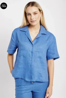 Revere Collar Linen Shirt in Blue