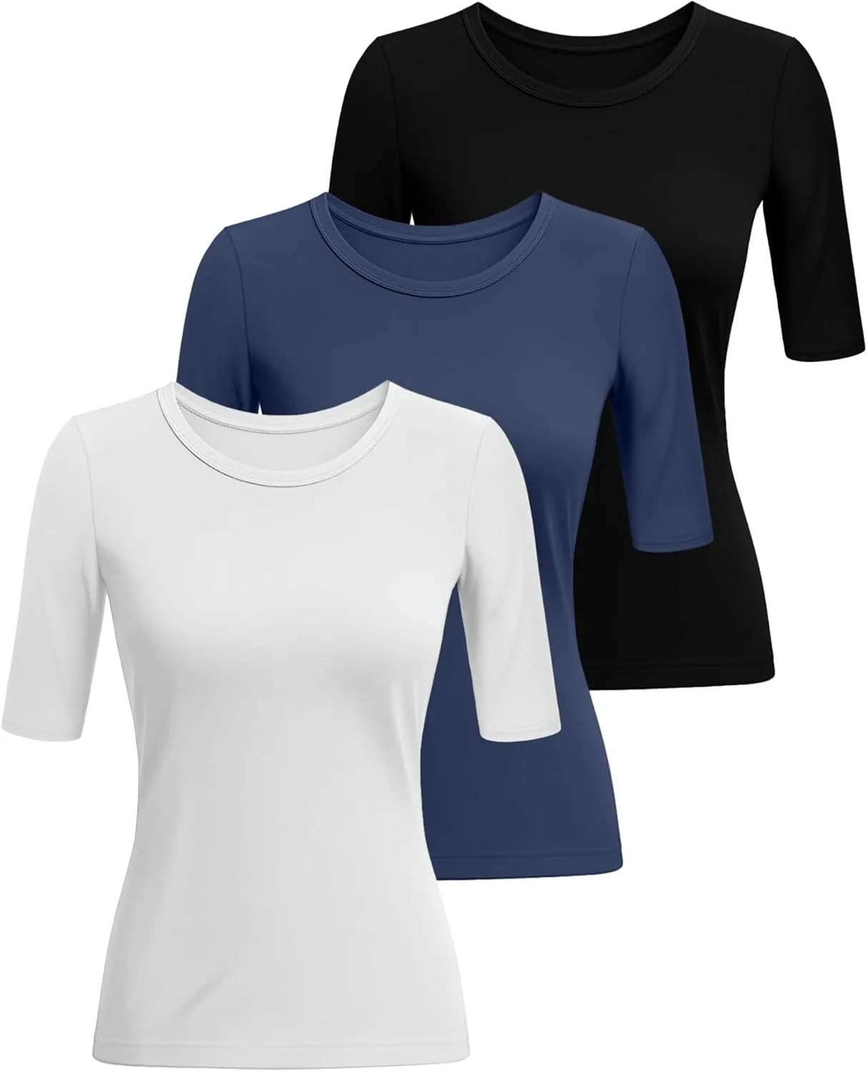 Riyiper 3 Pack Women's 1/2 Sleeve Tops Half Length Sleeve Cotton Crewneck T Shirts Slim Fit Casual Elbow Summer Basic Tees