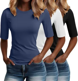 Riyiper 3 Pack Women's 1/2 Sleeve Tops Half Length Sleeve Cotton Crewneck T Shirts Slim Fit Casual Elbow Summer Basic Tees