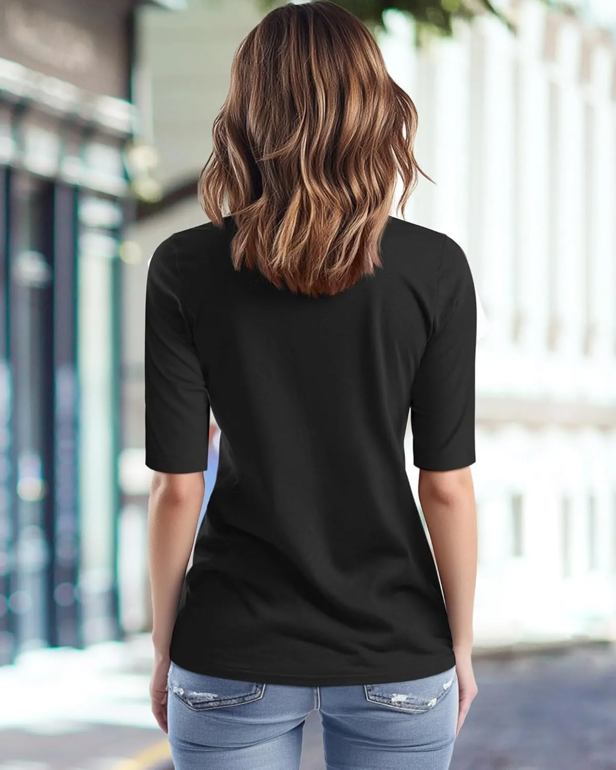Riyiper 3 Pack Women's 1/2 Sleeve Tops Half Length Sleeve Cotton Crewneck T Shirts Slim Fit Casual Elbow Summer Basic Tees