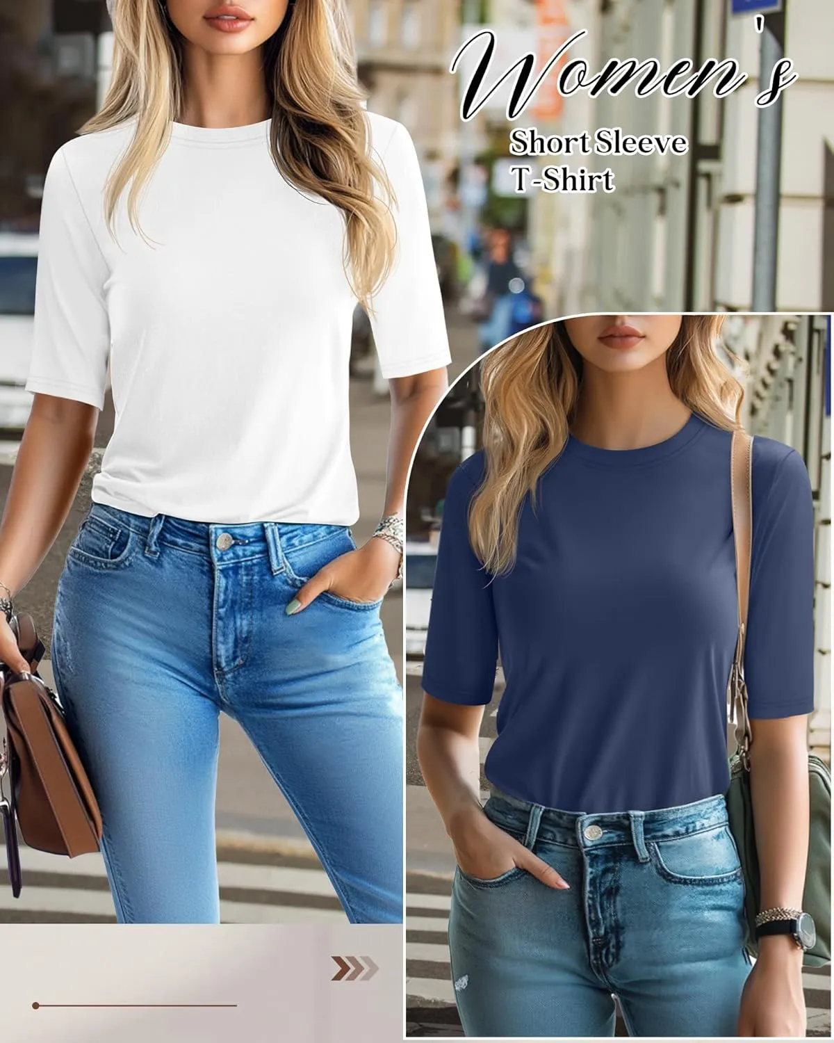 Riyiper 3 Pack Women's 1/2 Sleeve Tops Half Length Sleeve Cotton Crewneck T Shirts Slim Fit Casual Elbow Summer Basic Tees
