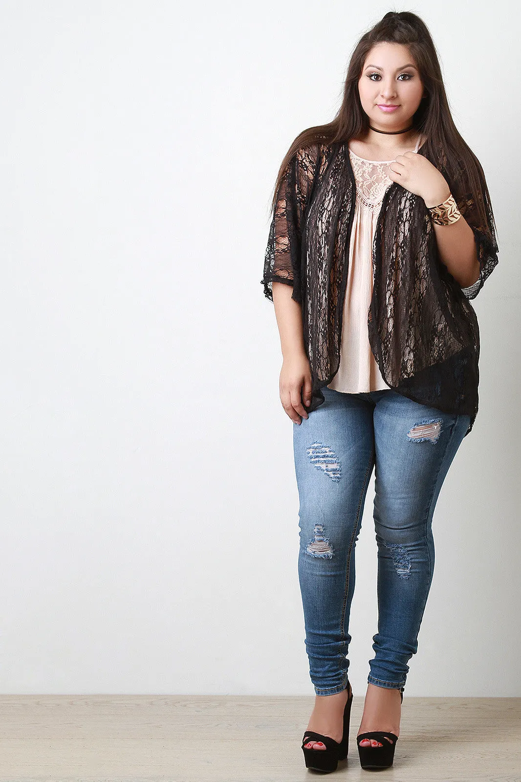 Semi-Sheer Lace Open Front Cardigan