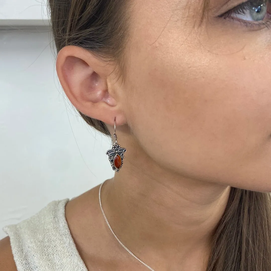 Solid Silver Carnelian Ornate Scroll Drop Earrings