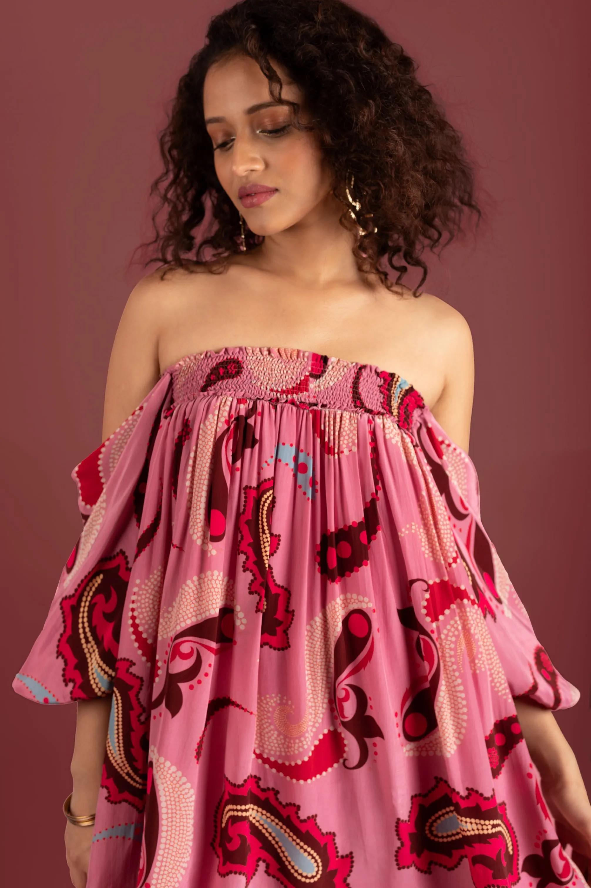 Sorbet Paisley Smocked Off Shoulder Dress