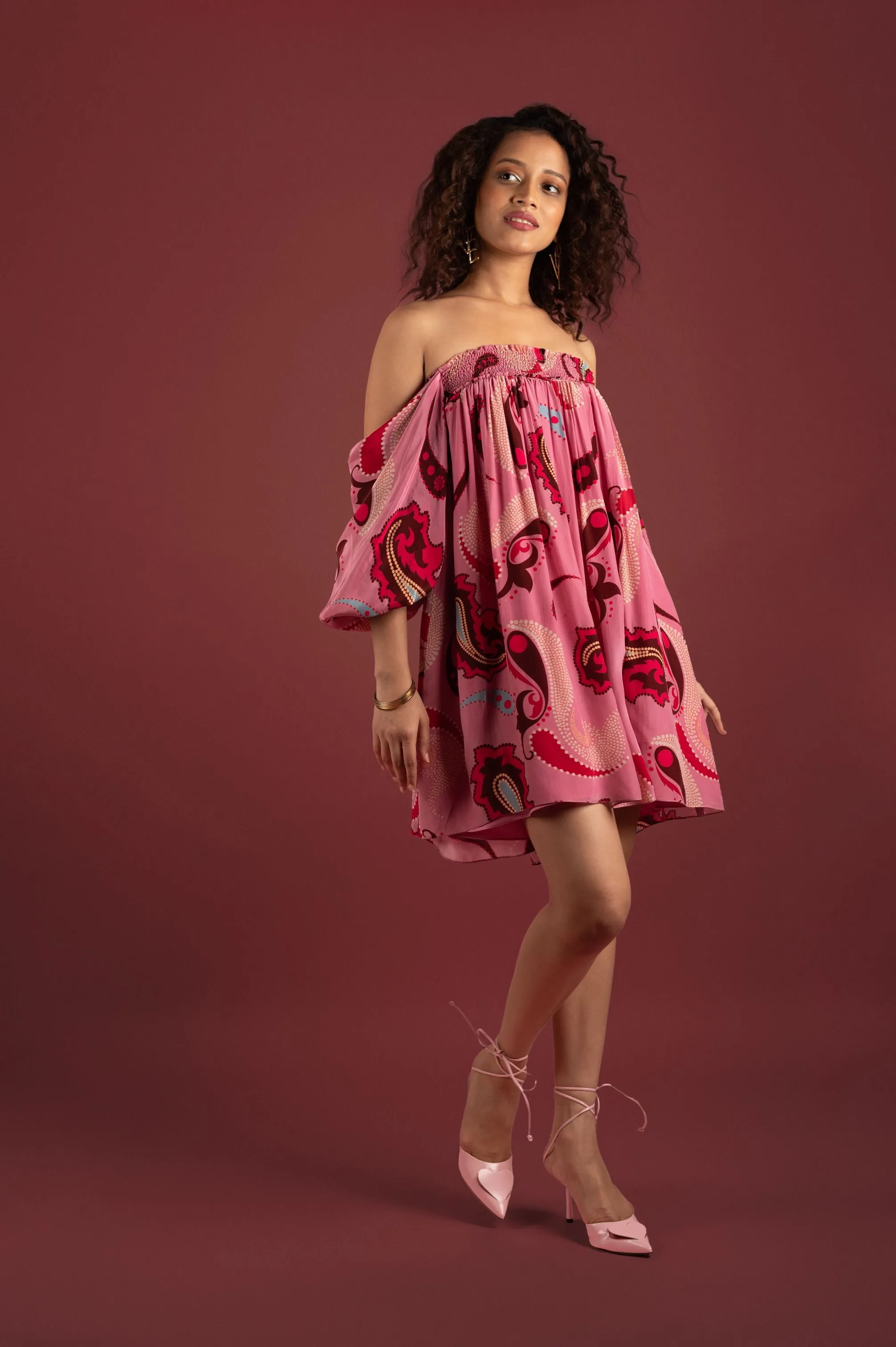 Sorbet Paisley Smocked Off Shoulder Dress