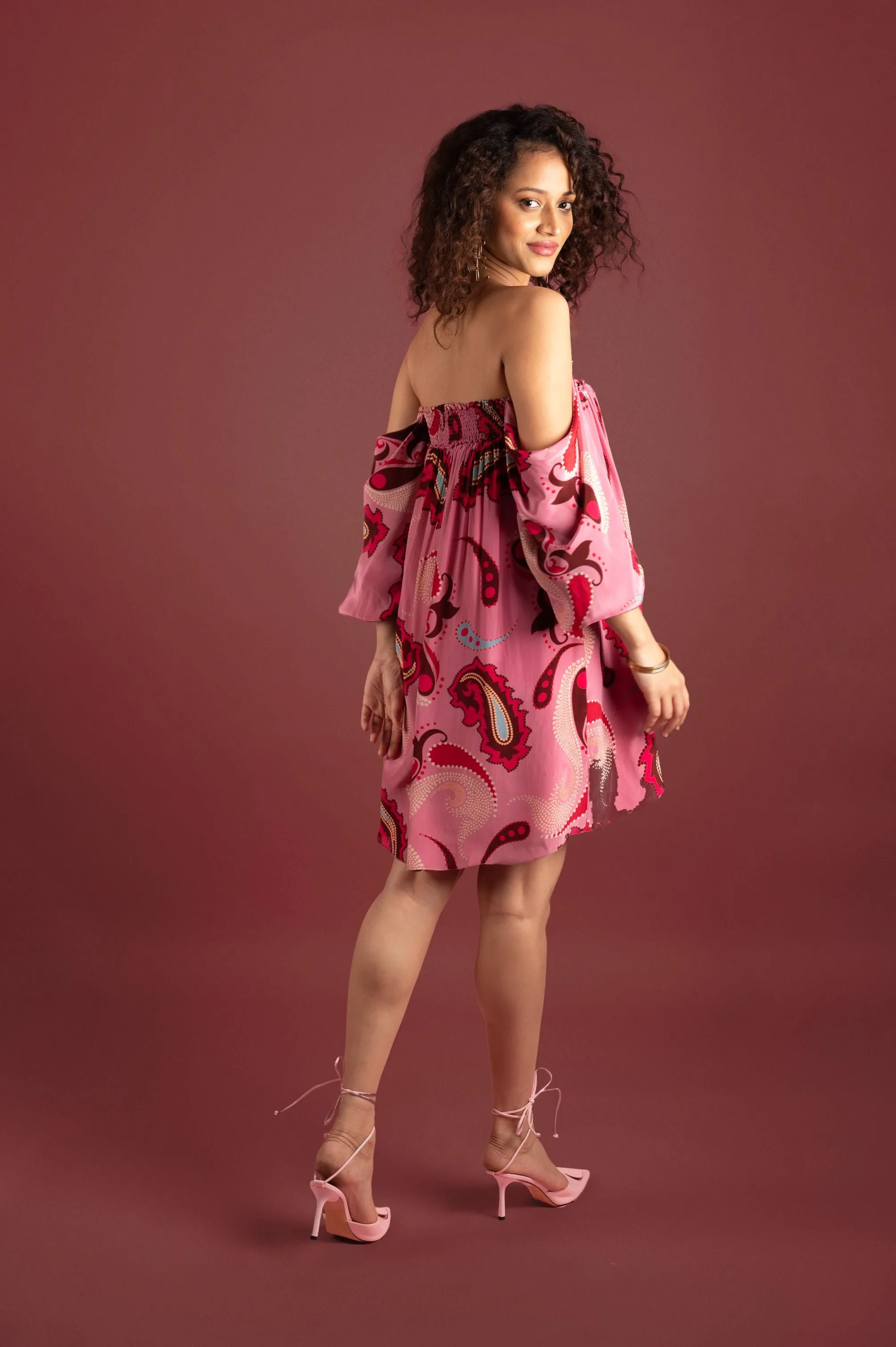 Sorbet Paisley Smocked Off Shoulder Dress