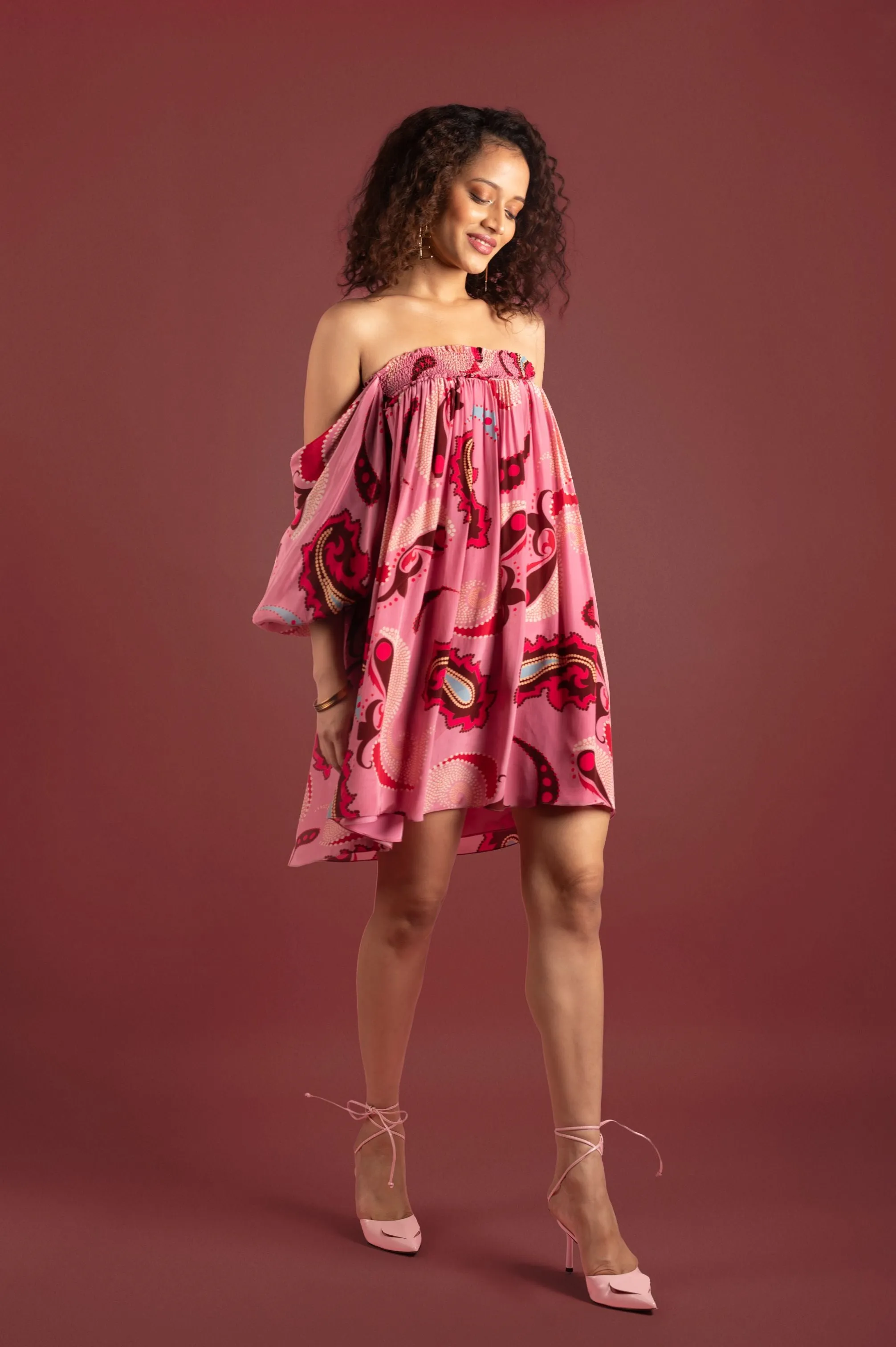 Sorbet Paisley Smocked Off Shoulder Dress
