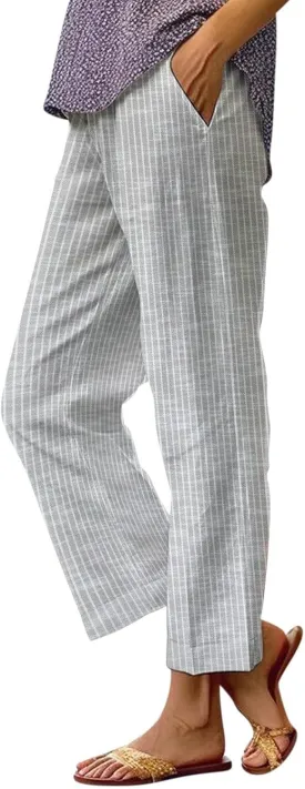 Striped Linen Pants for Women Plus Size Elastic Waist Straight Leg Cropped Trousers Summer Casual Beach Vacation Clothes