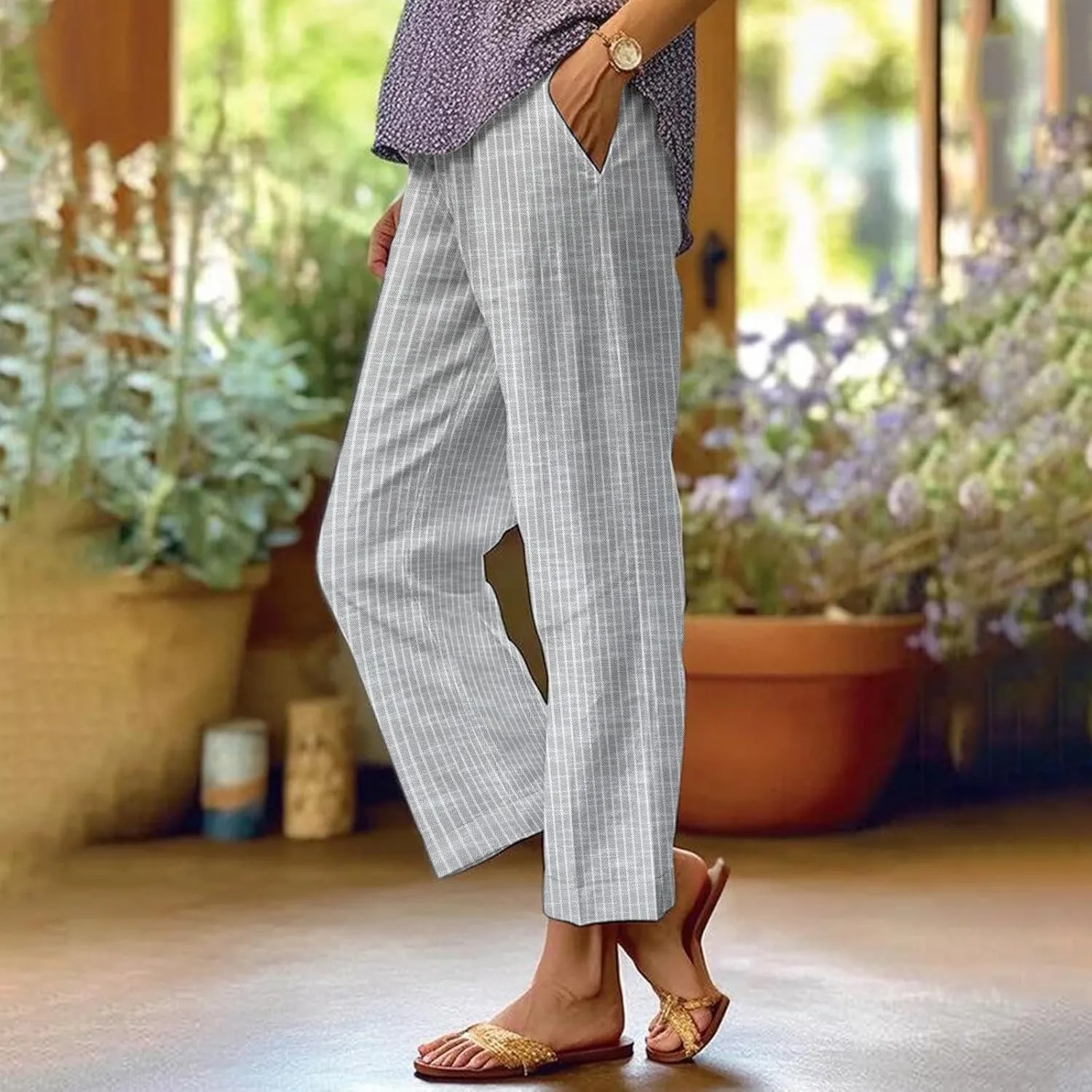 Striped Linen Pants for Women Plus Size Elastic Waist Straight Leg Cropped Trousers Summer Casual Beach Vacation Clothes