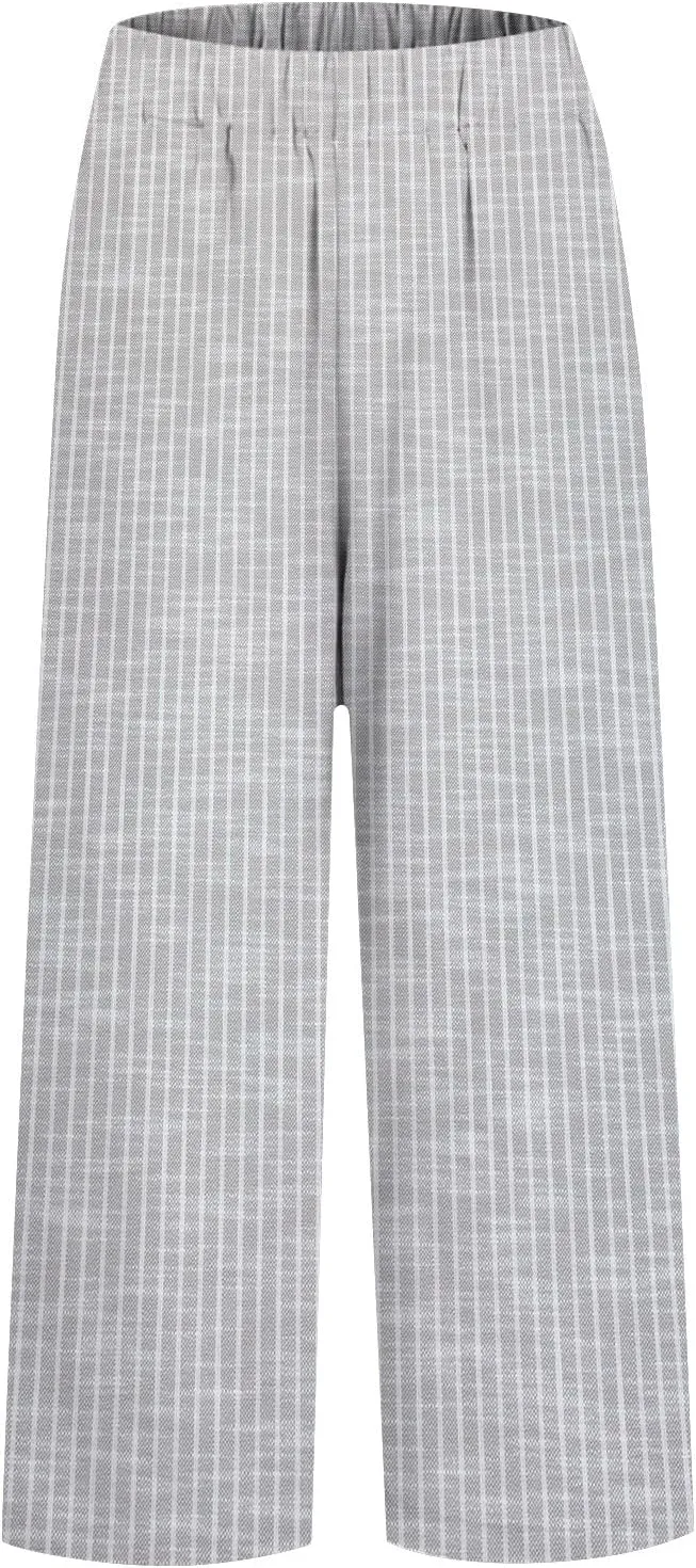 Striped Linen Pants for Women Plus Size Elastic Waist Straight Leg Cropped Trousers Summer Casual Beach Vacation Clothes