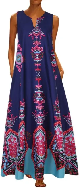Summer Dresses for Women 2025,Women's African Printed Maxi Dresses Bohemian Tank Dress Fall Vintage Plus Size Long Dress