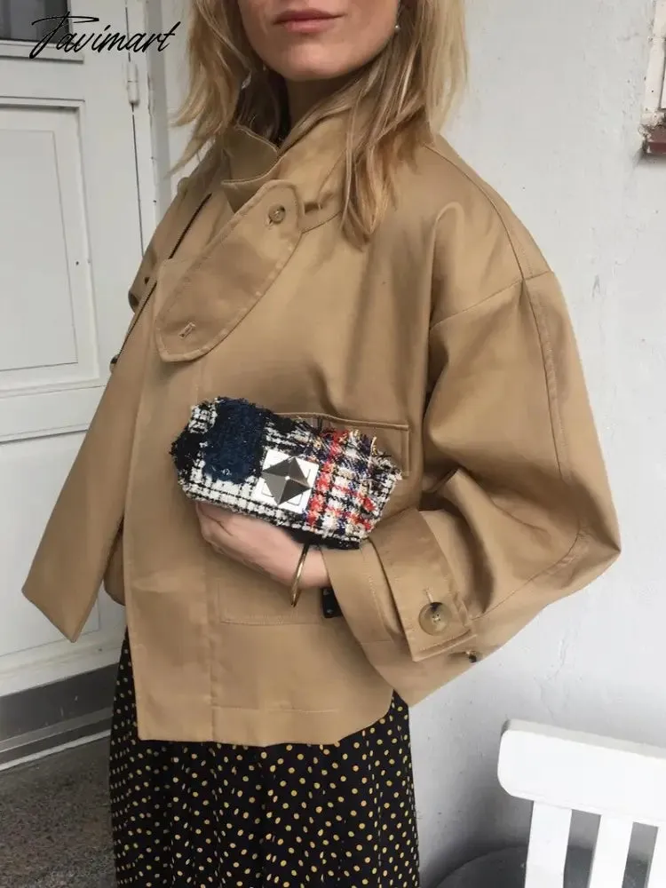 Tavimart Solid Pocket Windbreaker Jacket Autumn Long Sleeve Fashion Elegant Office Lady Outerwear Vintage Designer Women's Short Jackets