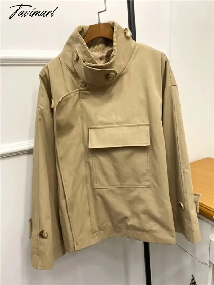 Tavimart Solid Pocket Windbreaker Jacket Autumn Long Sleeve Fashion Elegant Office Lady Outerwear Vintage Designer Women's Short Jackets