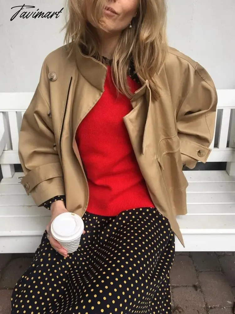 Tavimart Solid Pocket Windbreaker Jacket Autumn Long Sleeve Fashion Elegant Office Lady Outerwear Vintage Designer Women's Short Jackets
