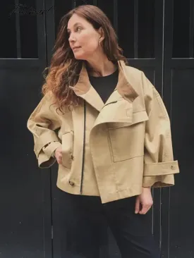 Tavimart Solid Pocket Windbreaker Jacket Autumn Long Sleeve Fashion Elegant Office Lady Outerwear Vintage Designer Women's Short Jackets