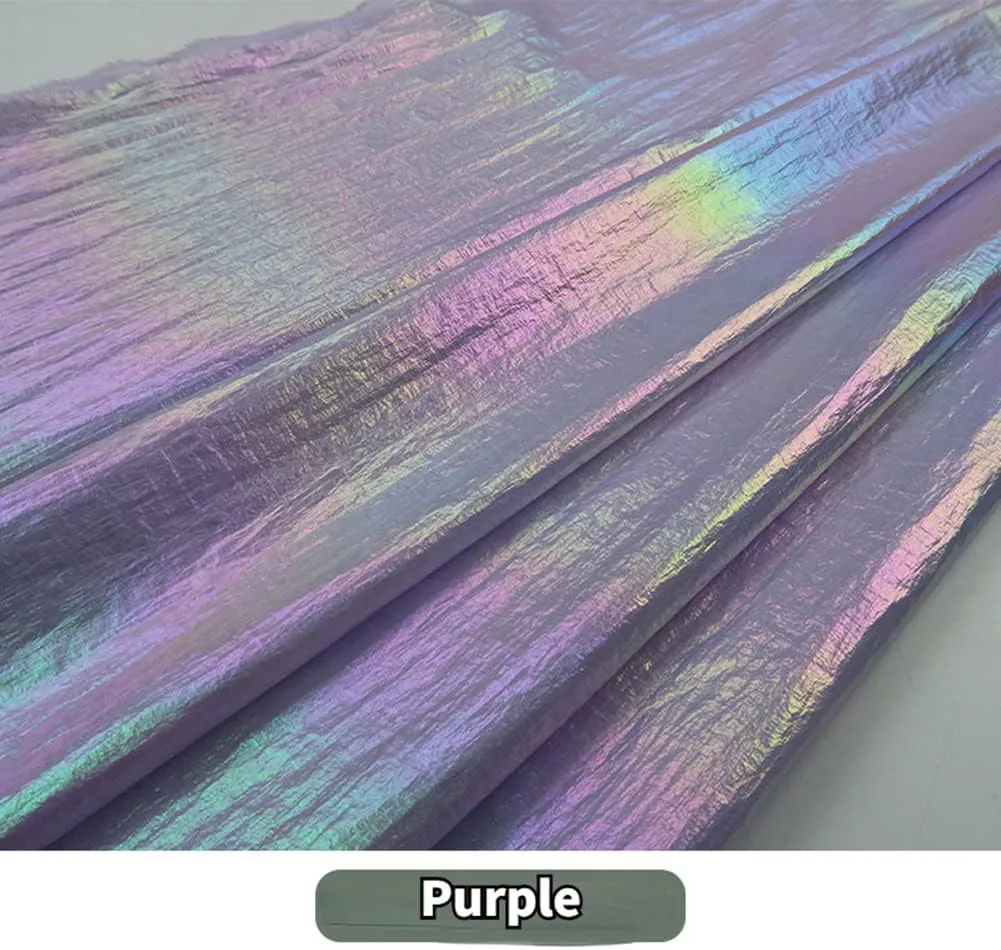 Tong Gu Thin Nylon Metallic Foil Fabric Holographic Crepe Iridescent Gradient Laser Cloth for Down Jacket Sewing Garments (Purple,59x39 in/150x100 cm)