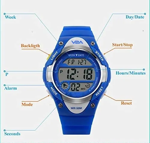 V2A Kids Black LED Backlight Stainless Steel Case Waterproof Digital Sports Casual Watch For Boys And Girls