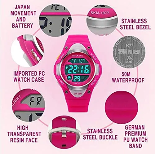 V2A Kids Black LED Backlight Stainless Steel Case Waterproof Digital Sports Casual Watch For Boys And Girls