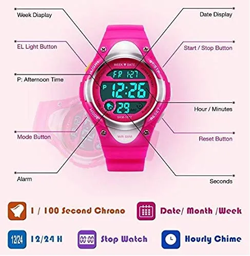 V2A Kids Black LED Backlight Stainless Steel Case Waterproof Digital Sports Casual Watch For Boys And Girls