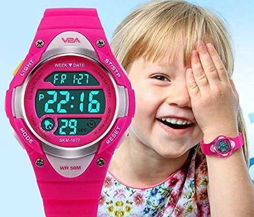 V2A Kids Black LED Backlight Stainless Steel Case Waterproof Digital Sports Casual Watch For Boys And Girls