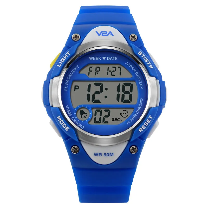 V2A Kids Black LED Backlight Stainless Steel Case Waterproof Digital Sports Casual Watch For Boys And Girls