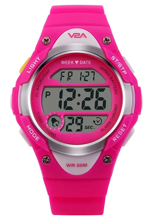 V2A Kids Black LED Backlight Stainless Steel Case Waterproof Digital Sports Casual Watch For Boys And Girls