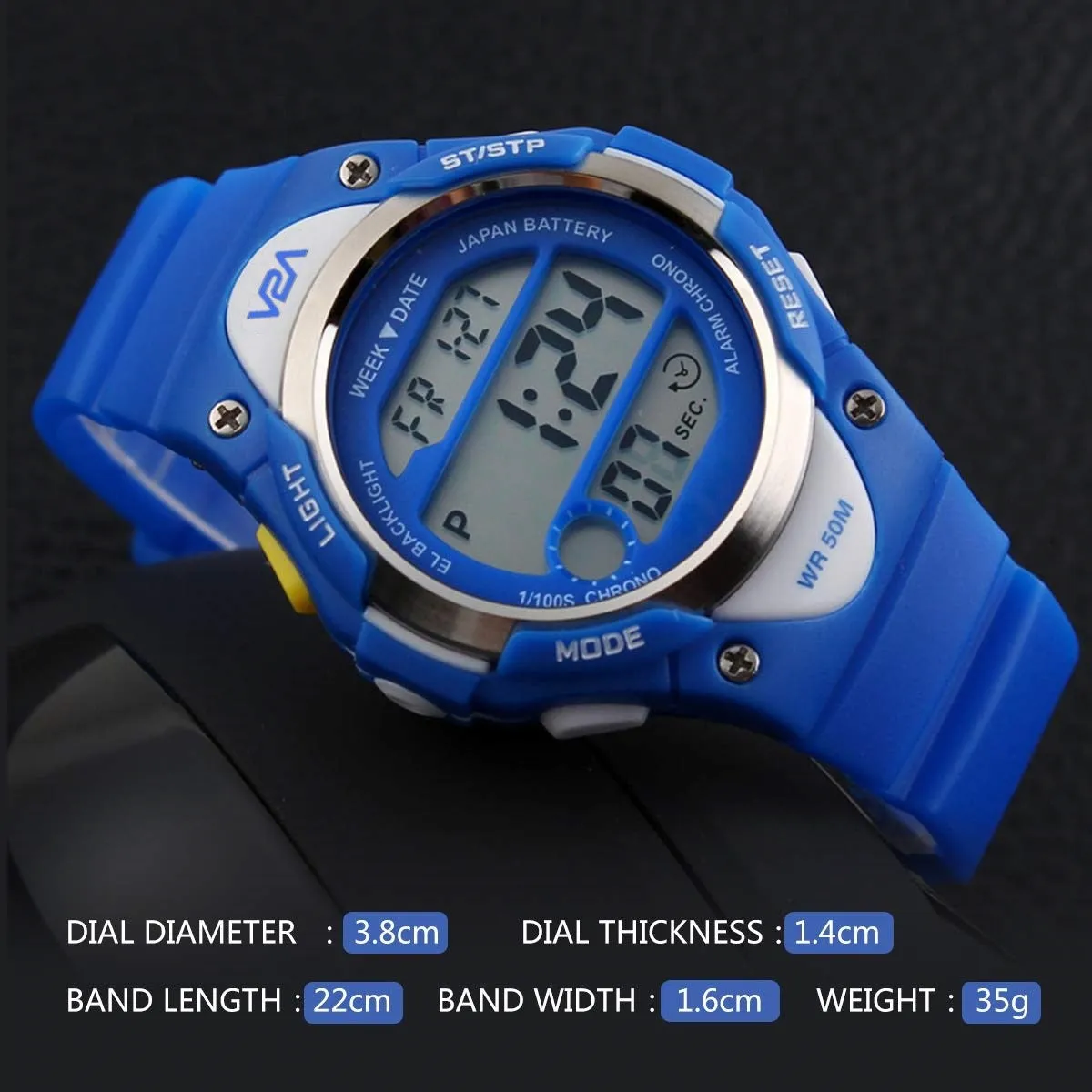 V2A Kids Black LED Backlight Stainless Steel Case Waterproof Digital Sports Casual Watch For Boys And Girls
